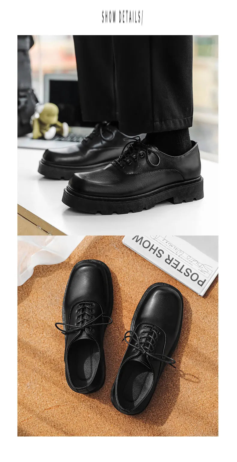 Men's Formal Shoes with Flat Heel Low Top Lace-up Solid Color Thick Sole Unique and Fashionable New Style Leather Shoes