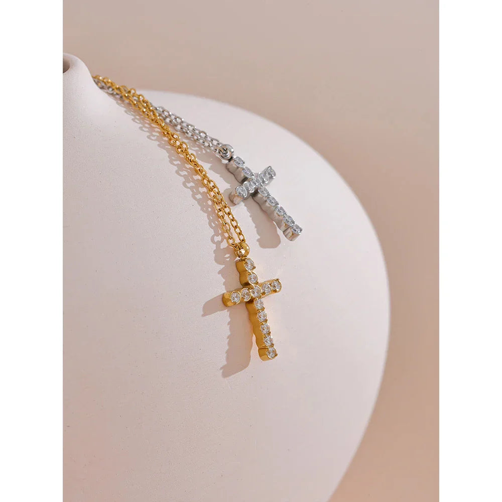 Delicate Shiny Cubic Zirconia 316L Cross Pendant Necklace for Women Stainless Steel High Quality Jewelry Water Resistant