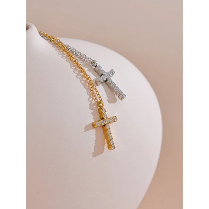 Delicate Shiny Cubic Zirconia 316L Cross Pendant Necklace for Women Stainless Steel High Quality Jewelry Water Resistant
