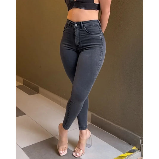 Women's Fashion Casual Jeans High Waist Slim Fit Pencil Pants Pocket Slimming Tight Commuter Versatile Denim Pants Street trendy