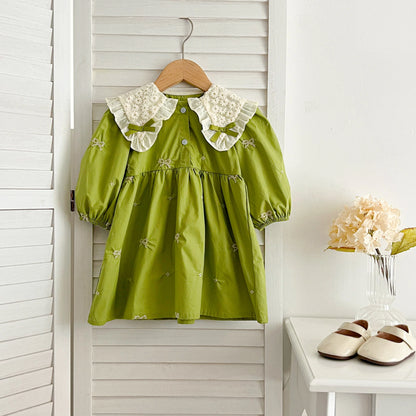 Outono 0-6 anos Vestido de Princesa para Meninas Roupas de Bebê Menina Gola Borboleta Roupas de Bebê Menina Peça Única Vestido Infantil Bordado