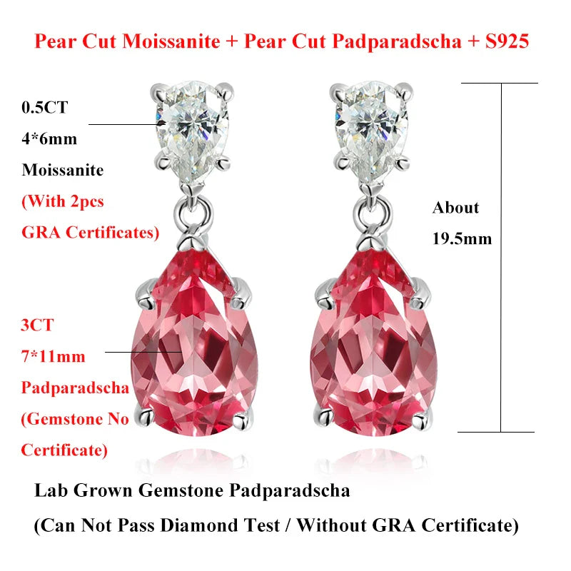 Pear Cut Mossanite Gemstone Drop Earrings 7*11MM for Women Lab Grown Emerald Pink Padparadscha Wedding Party Stud Earring