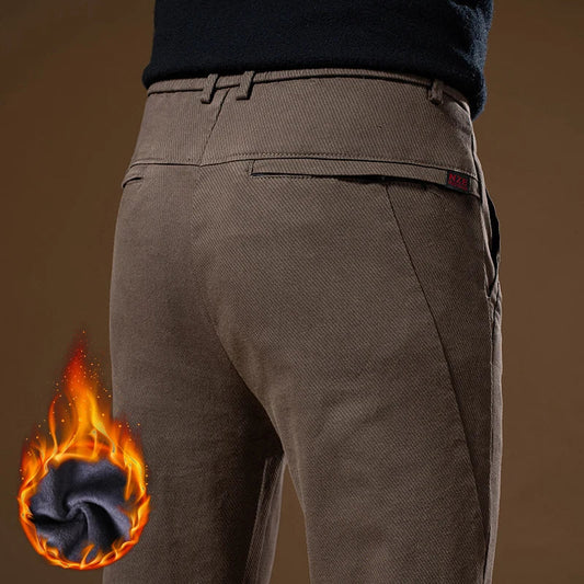 Korean Business Casual Fleece Men Pants Winter Thickened Straight Thermal Casual Pants Male Fashion Stretch Warm Velvet Trousers