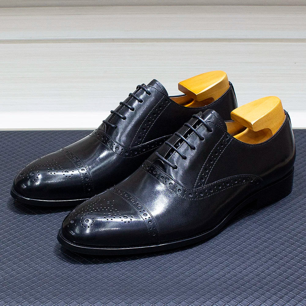 Luxury Genuine Leather Calfskin Cap Toe Oxfords Men's Dress Shoes Italian Style Lace-Up Wedding Business Formal Shoes for Men