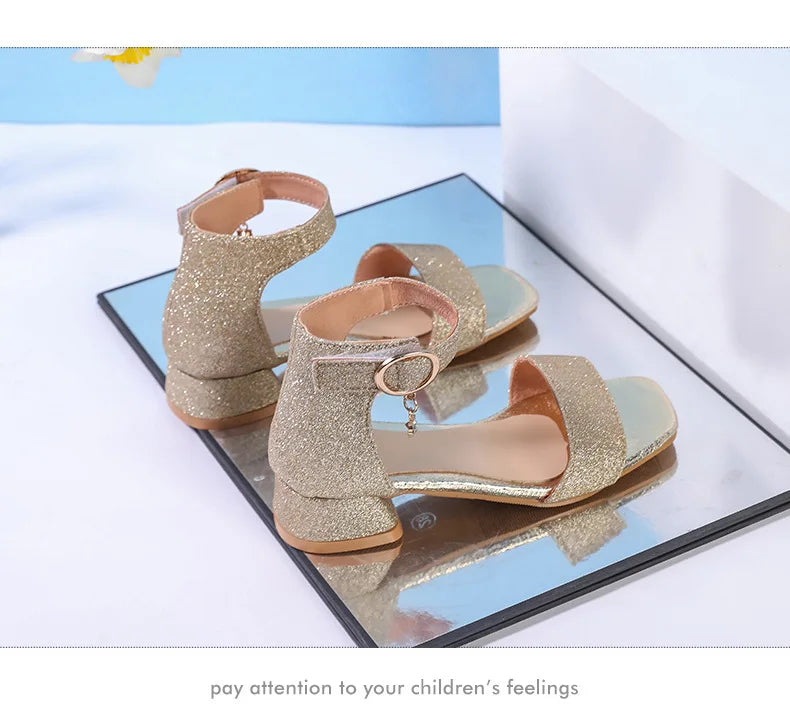 2025 Summer New Children's Sandals Fashion Girls' High Heels Silver Sequins Open Toed Girls' Princess Sandals