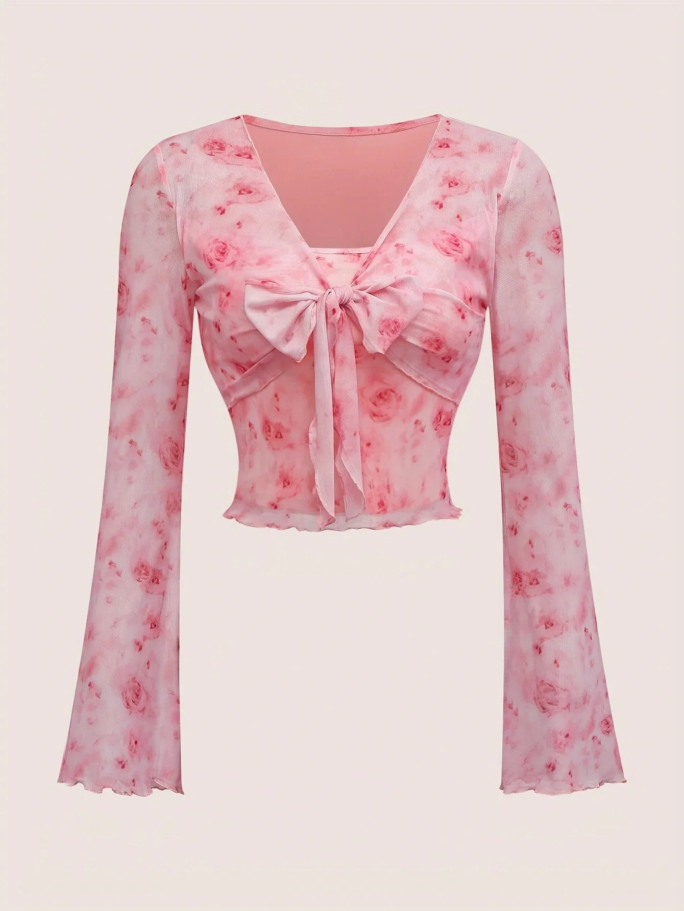 Summer Women's Y2k Floral Printed Sweet V-Neck T-shirts Mesh Beach Party Dress Top Flare Sleeve Square Collar Lace Up Shirt 2025