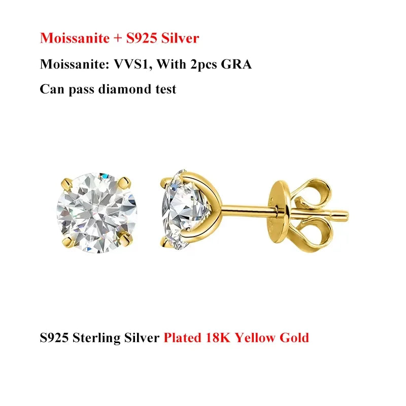 4 Prong 0.2-2CT Moissanite Stud Earrings D Color For Women Men S925 Silver Plated 18k Party Wedding Diamond Earring GRA
