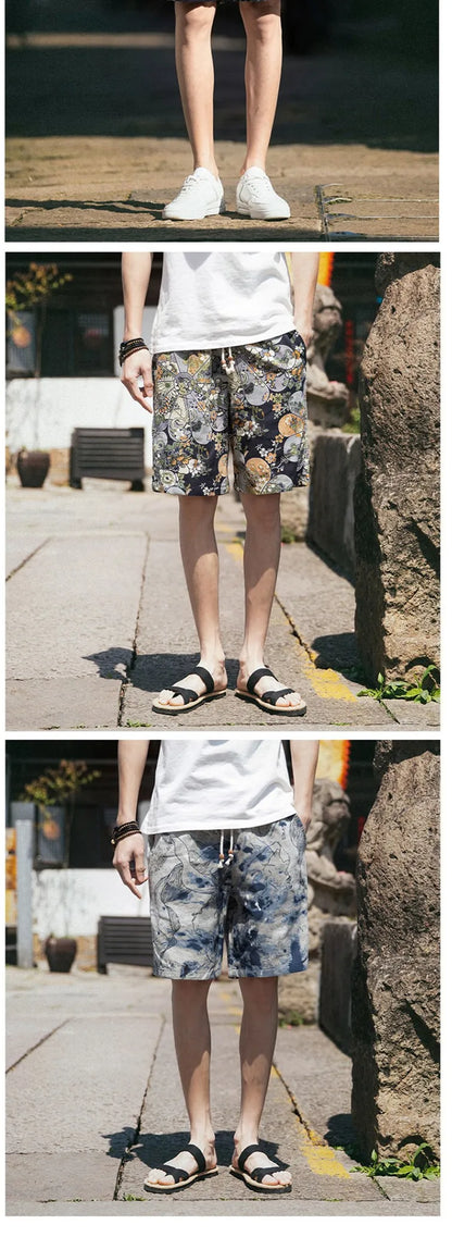 2026 Summer New Boutique Flower Cotton Linen Men's Casual Beach Shorts Men's Comfortable Breathable Leisure Shorts Male XXXXXL