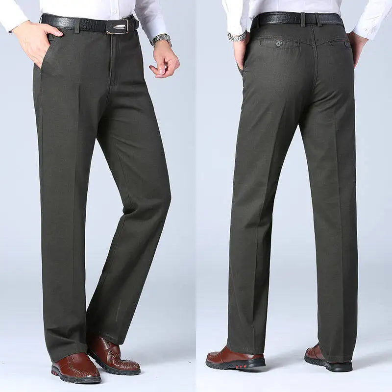Men's Cotton Suit Pants Smart Casual Straight Solid Color Dress Trousers Men Four Seasons Loose Formal Office Full Length Pants