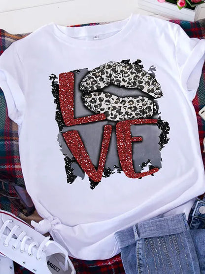 American Retro Letters Love White T-shirt Women Short Sleeve Round Neck Loose Large Size Casual Top Oversized