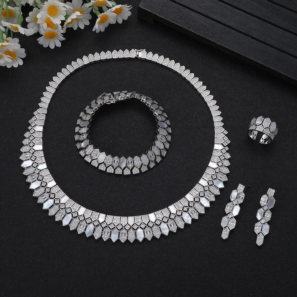 Luxury Dubai Bridal Jewelry Set For Women Wedding Party Shell Zirconia Jewelry Set Twisted Branch Design