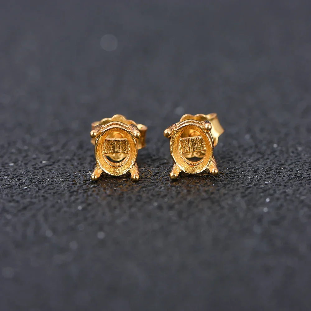 Oval 4-prong silvery Golden Rose golden color solid 925 sterling silver stud earring settings DIY jewelry supplies