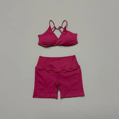 Women 2 Piece Gym Set Seamless Yoga Sports Bra V Neck Twist Front Tummy Control Butt Lifting Shorts Fitness Running Workout Set