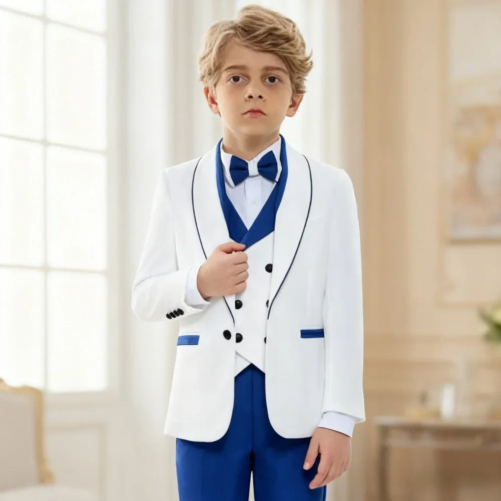 Classic White & Royal Blue Tuxedo Set for Boys 3-14 Yrs Communion Suit Jacket Vest Pants Bow Tie Elegant Shawl Collar Children