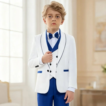 Classic White & Royal Blue Tuxedo Set for Boys 3-14 Yrs Communion Suit Jacket Vest Pants Bow Tie Elegant Shawl Collar Children