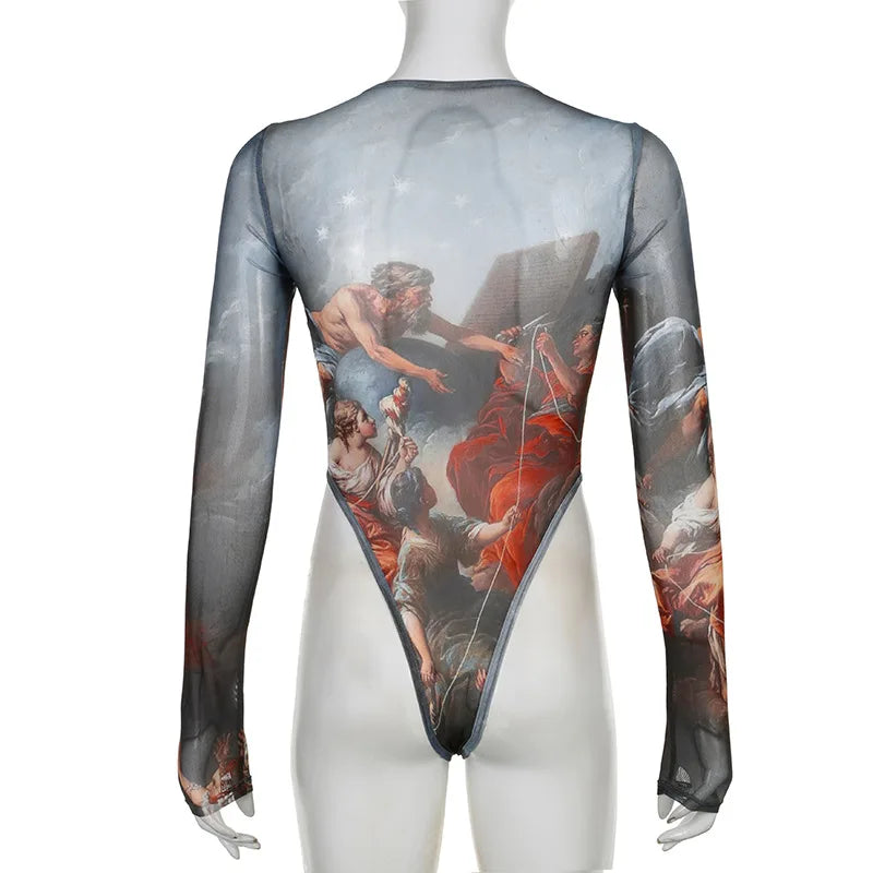 Vintage Print Sexy Bodysuit Lingerie See Through Gauze Lenceria Tranparente Long Sleeve Body Feminino Square Collar Bustier Tops