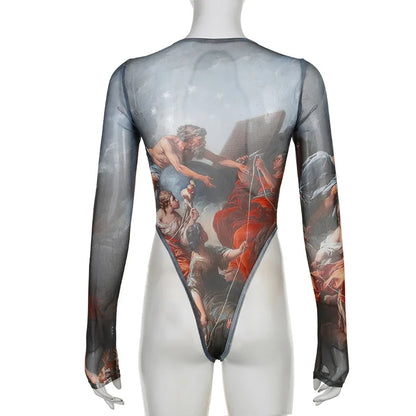 Vintage Print Sexy Bodysuit Lingerie See Through Gauze Lenceria Tranparente Long Sleeve Body Feminino Square Collar Bustier Tops