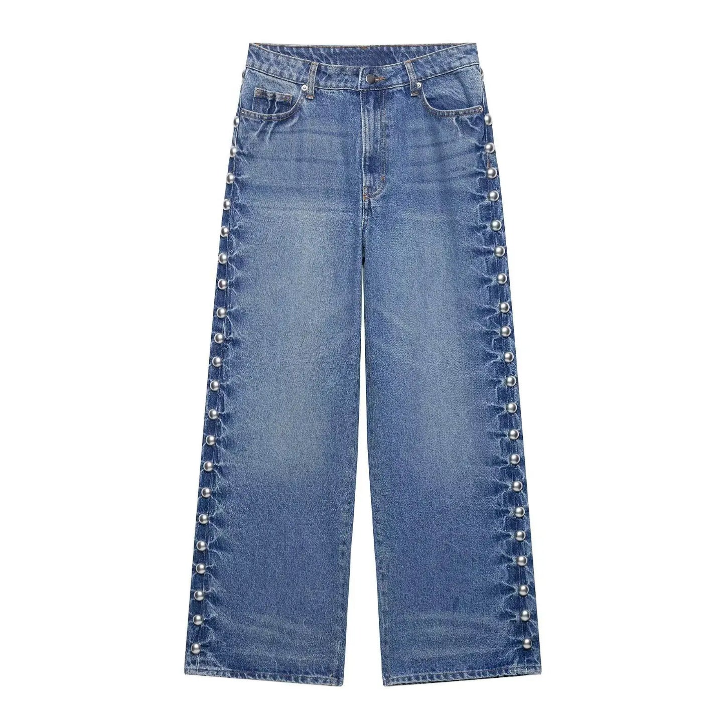High Waist Embroidered Flares Button Fly Full Length Loose Fit Jeans