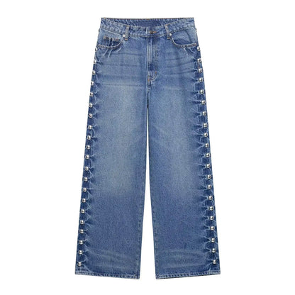 High Waist Embroidered Flares Button Fly Full Length Loose Fit Jeans