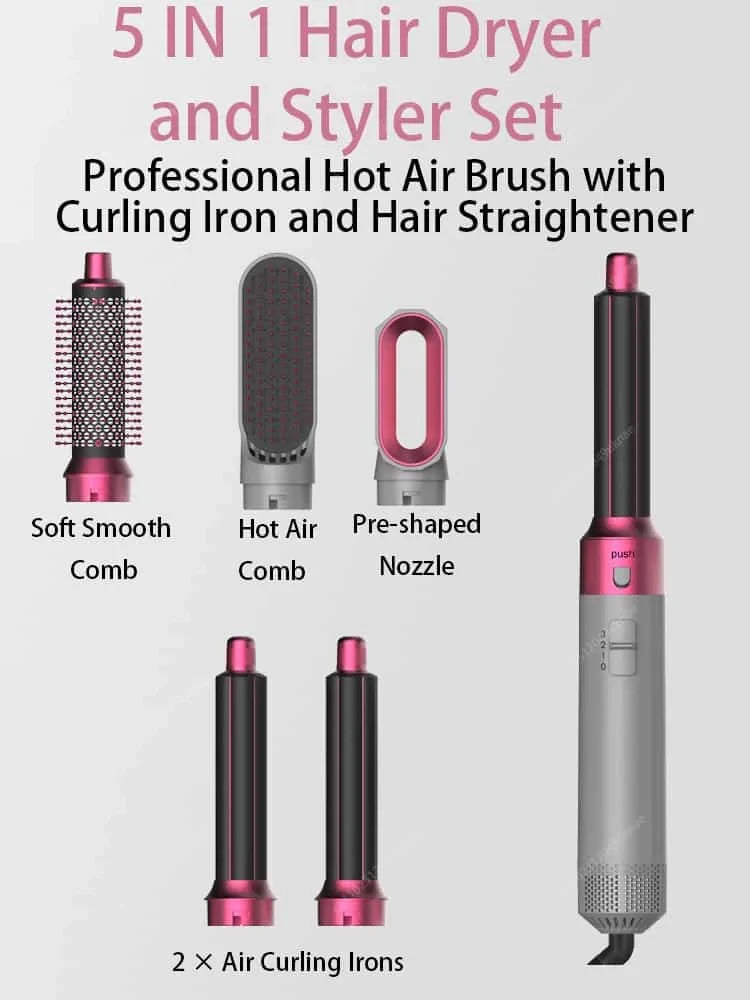 5 In 1 Professional Hair Dryer Hot Air Comb Brush With Curling Iron And Hair Straightener For Salon Quality Hair Styling