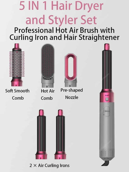 5 In 1 Professional Hair Dryer Hot Air Comb Brush With Curling Iron And Hair Straightener For Salon Quality Hair Styling