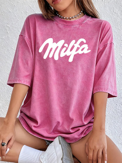 Milfa Purple Art Letter Printing Washed T-Shirts Womens Cotton Short Sleeve Tops Street O-Neck Oversize T Shirt Summer Clothes