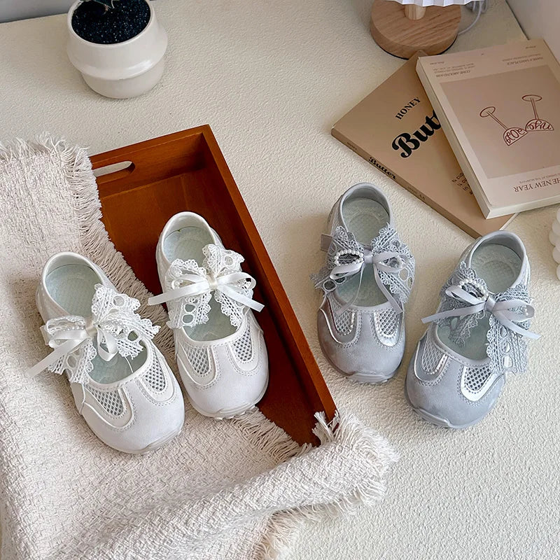 Kids'Casual Shoes Sneakers Mesh Bow Spring Summer Shoes For Girls Anti-slip Breathable Soft Bottom White Silver Shoes Size 23-36