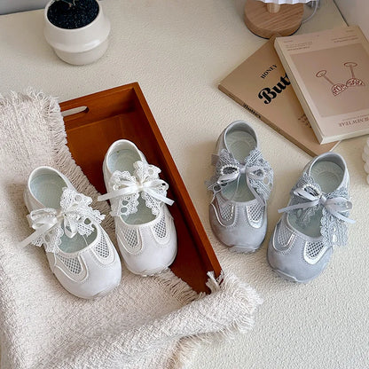 Kids'Casual Shoes Sneakers Mesh Bow Spring Summer Shoes For Girls Anti-slip Breathable Soft Bottom White Silver Shoes Size 23-36