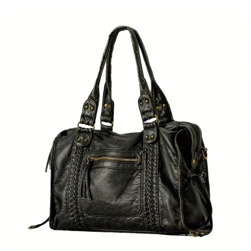 Braided Trim Black Leather Tote Bag with Gold Rivets & Front Zipper Pocket - Top Handle Work Purse for Women, Briefcase ﻿ ﻿