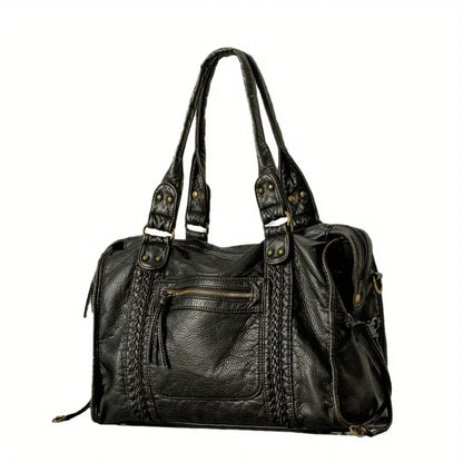 Braided Trim Black Leather Tote Bag with Gold Rivets & Front Zipper Pocket - Top Handle Work Purse for Women, Briefcase ﻿ ﻿