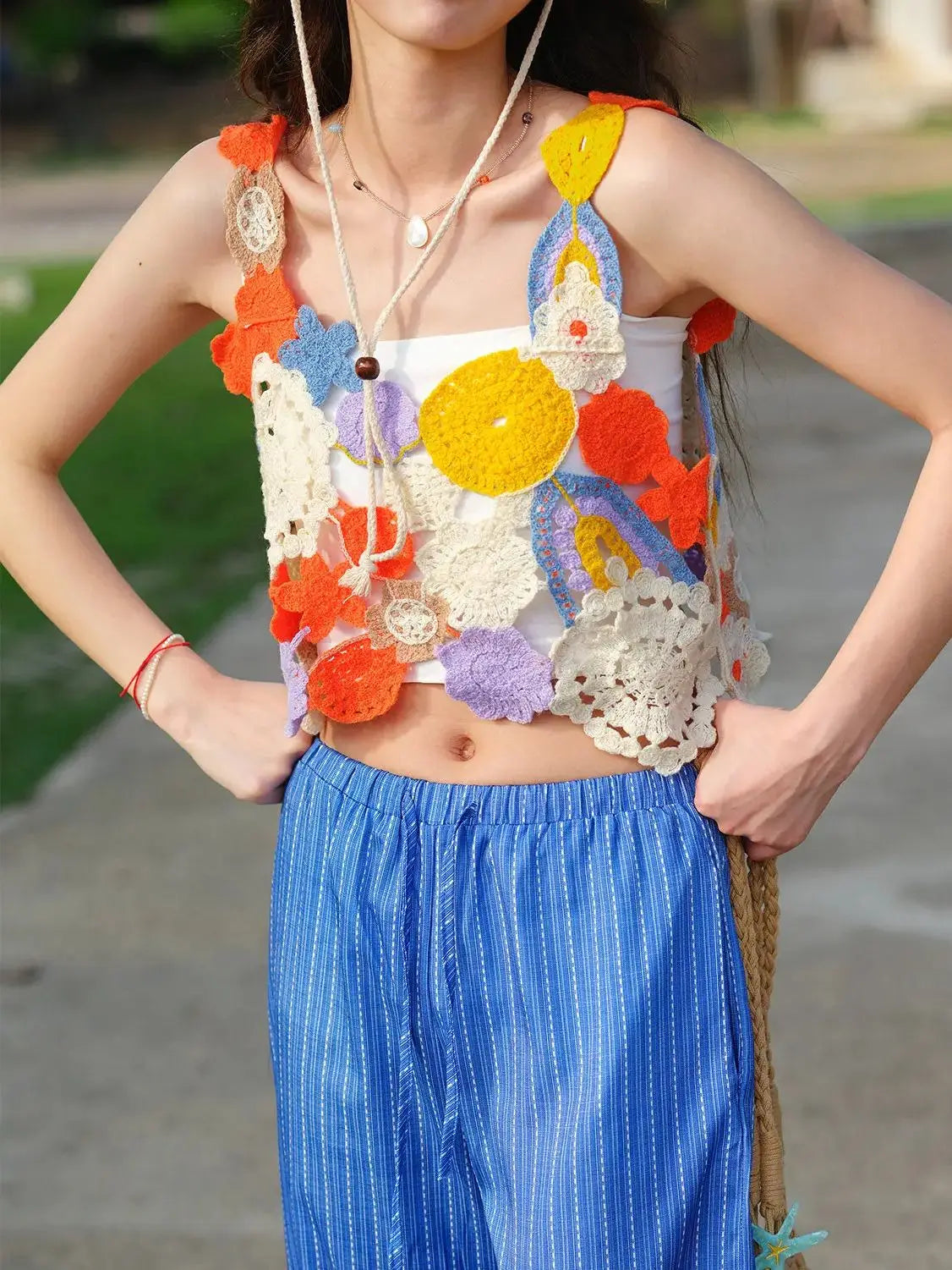 Multicolor Floral Crochet Crop Top Women's Cami Tank Sleeveless Open-work Vest Boho Chic Summer Festival Outfit