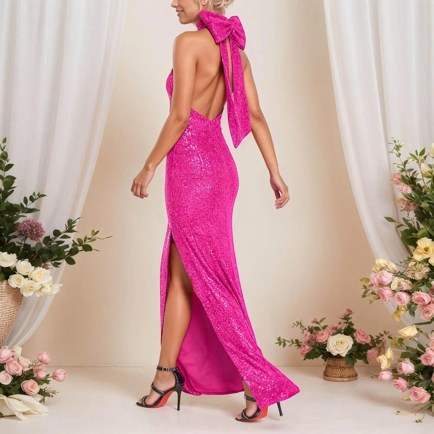 Women's Sequined Long Party Dresses Fashion Solid Color Hanging Neck Round Neck Bow Sleeveless Slit Long Dress Evening Dresses