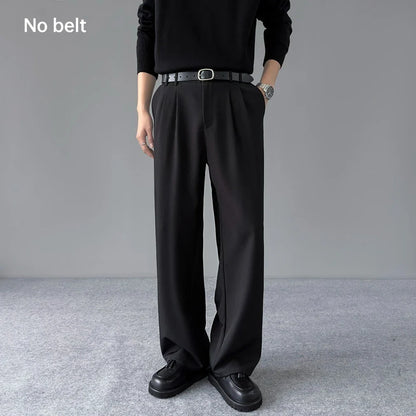 Spring New Loose Straight Pants Men Elastic Waist Double Pleats Wide Legs Casual Drape Fashionable Anti-wrinkle Trousers