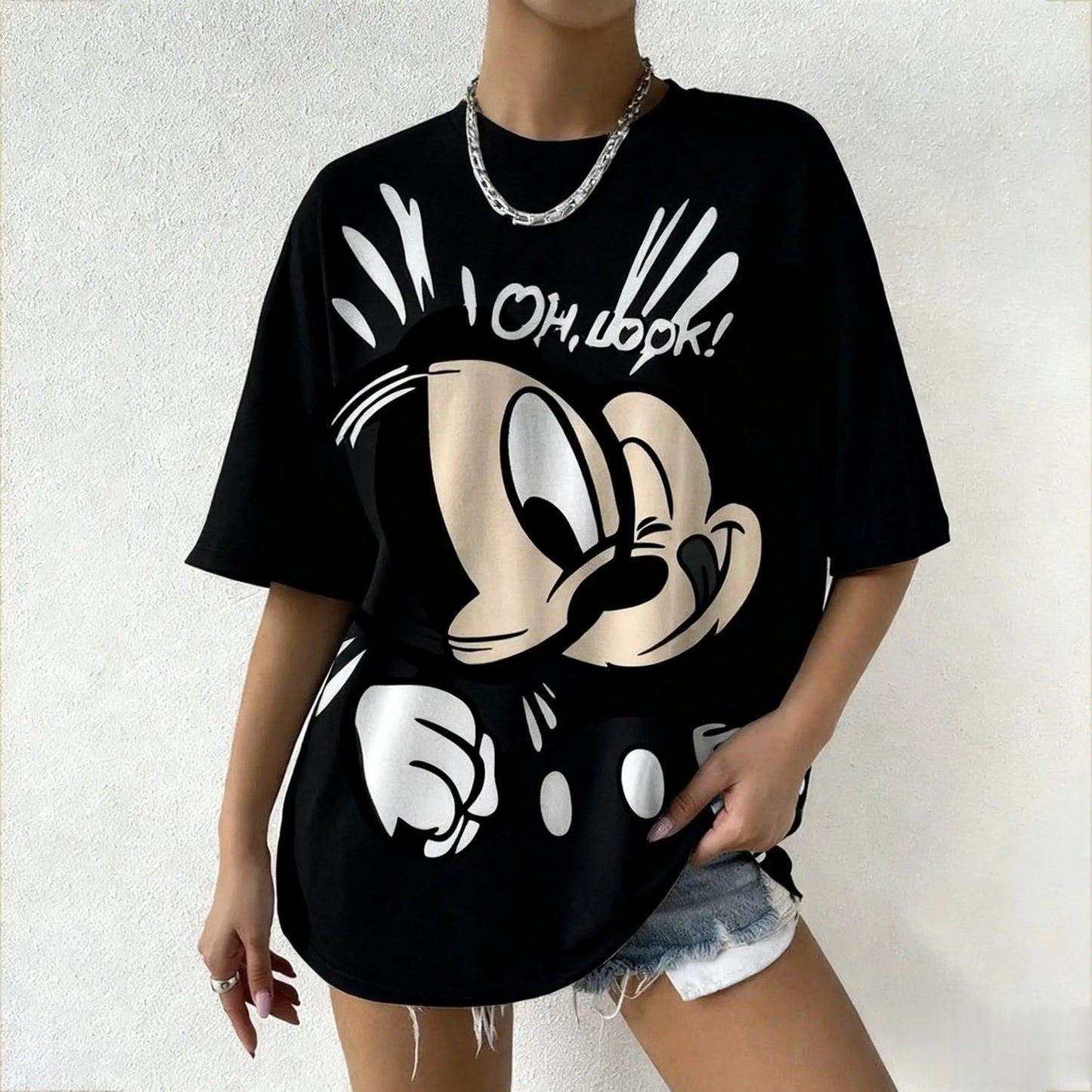 Summer Mickey Mouse Oh Look Printed Women Tshirt Cartoon Graphic Tee Oversized Vintage Streetwear Fashion Y2k Tops