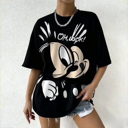 Summer Mickey Mouse Oh Look Printed Women Tshirt Cartoon Graphic Tee Oversized Vintage Streetwear Fashion Y2k Tops