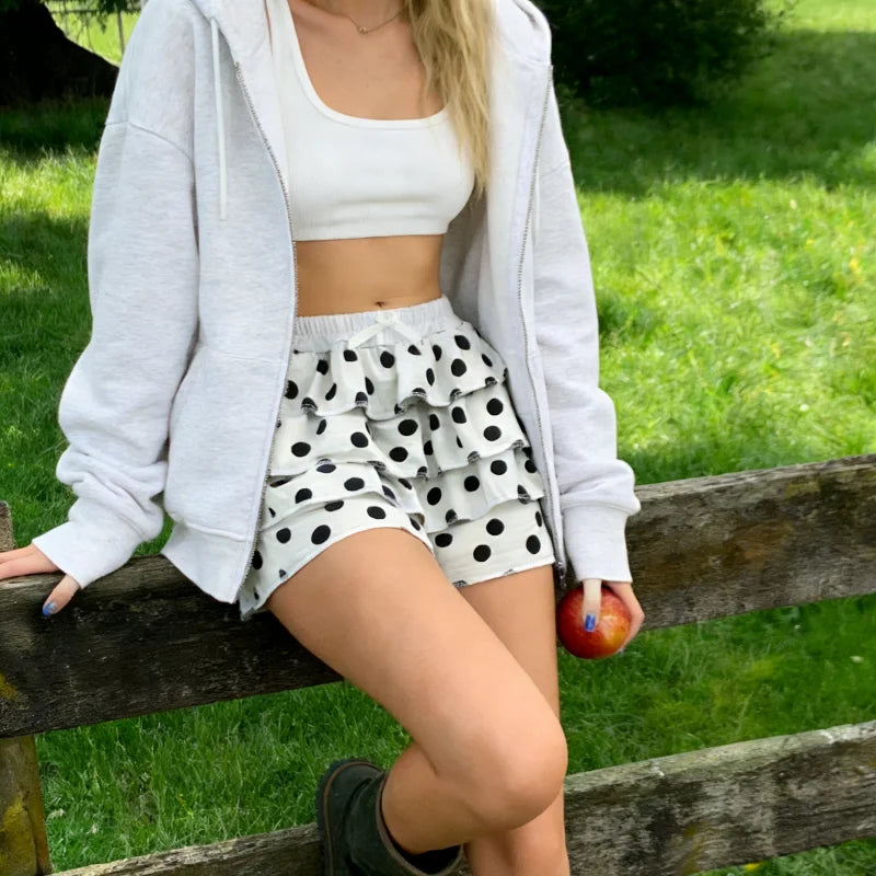 Summer Polka Dot Cake Shorts for Women Elastic Waist Bow Patch Slim Fit Casual Fashion Pants