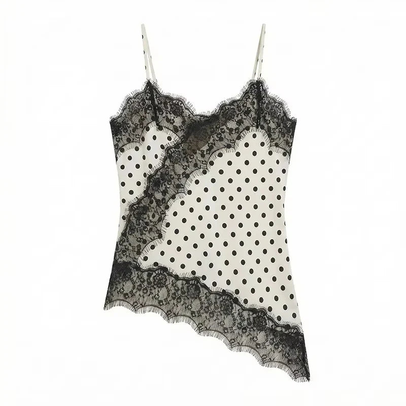 Women Elegant Polka Dot Lace Slip Tops Asymmetrical Hem Tanks Camis Summer Lady Sexy Lace Splicing Club Party Tops Camisole