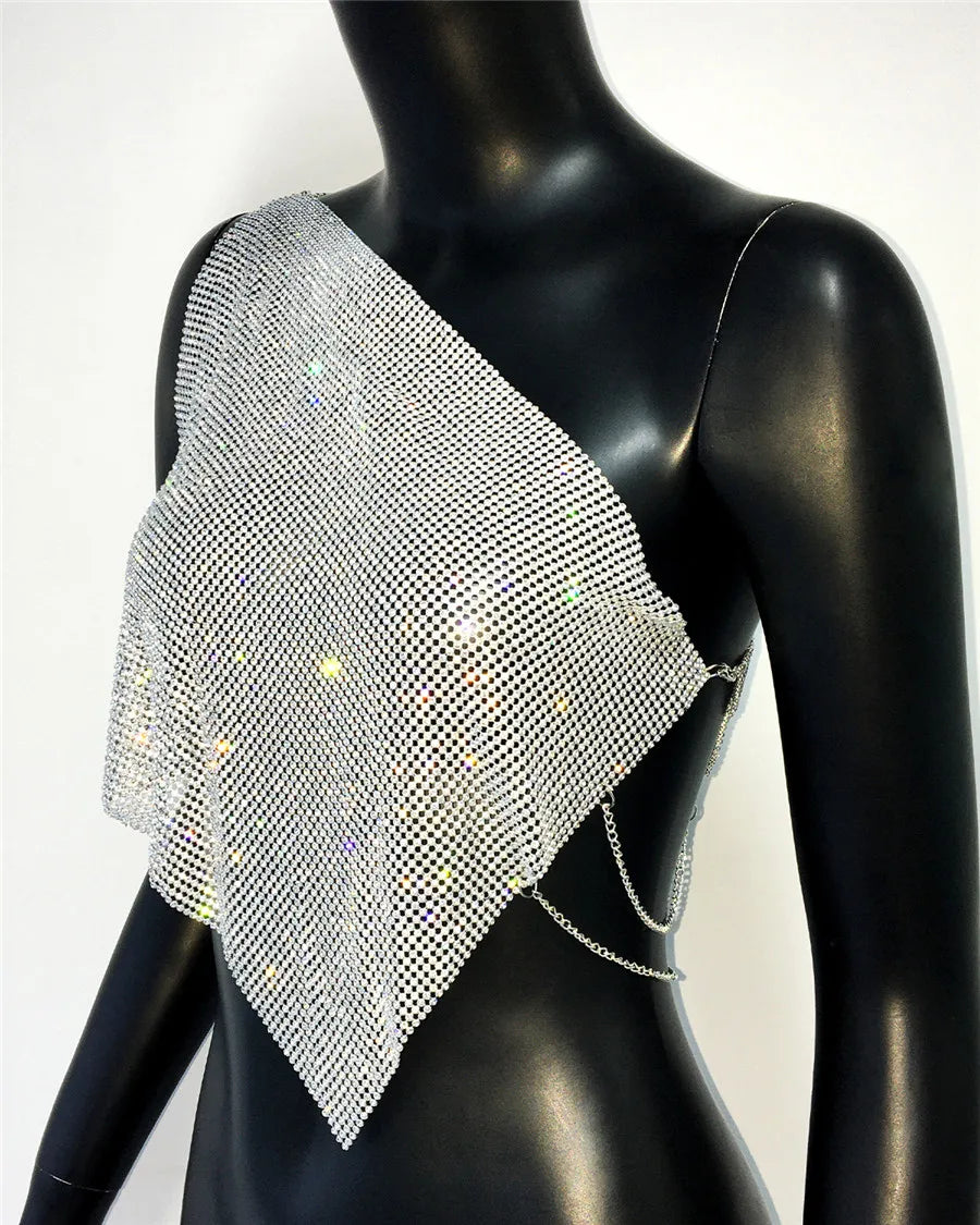 Shiny Rhinestone Metal Camisole For Women Sexy Backless Single shoulder Side Split Tank Tops Cocktail Party Club Crop Top Y2K