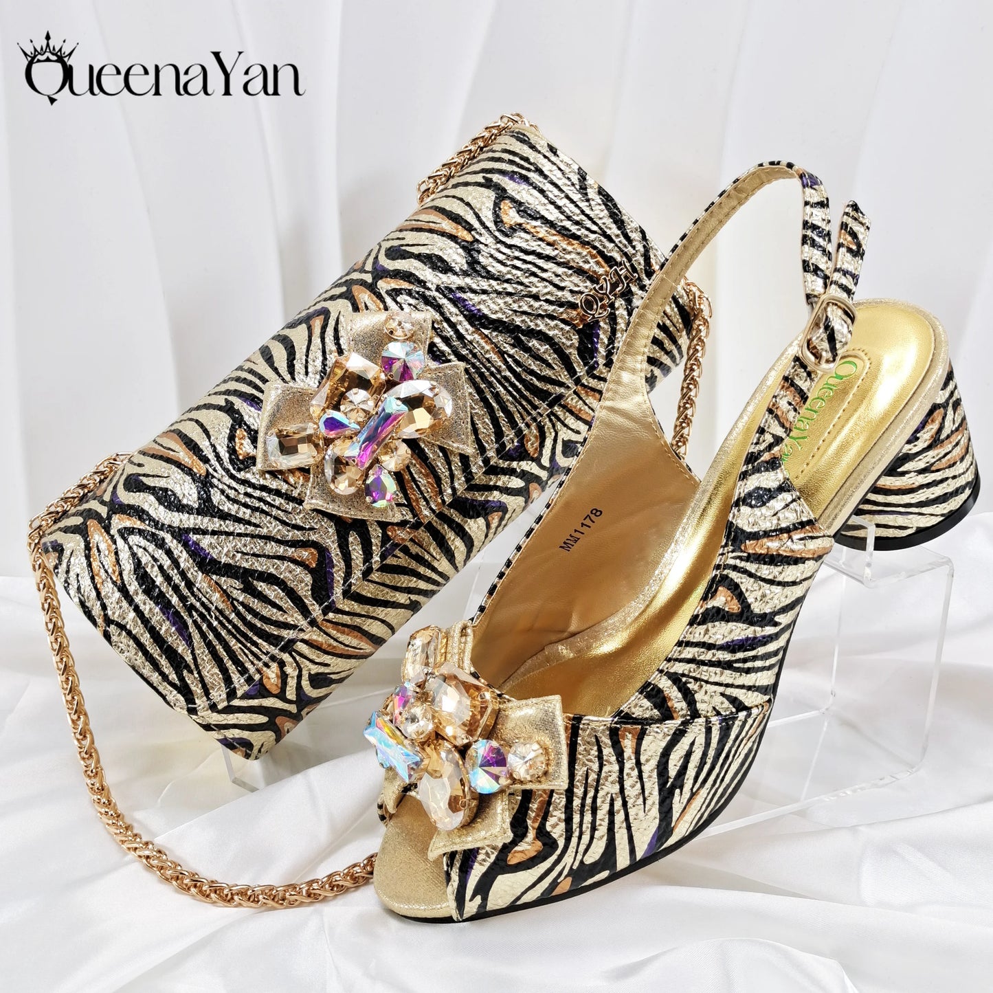 Women Elegant Gold High Heel Shoe and Matching Bag Set with Rhinestone Accents Stylish Peep Toe Design for Party