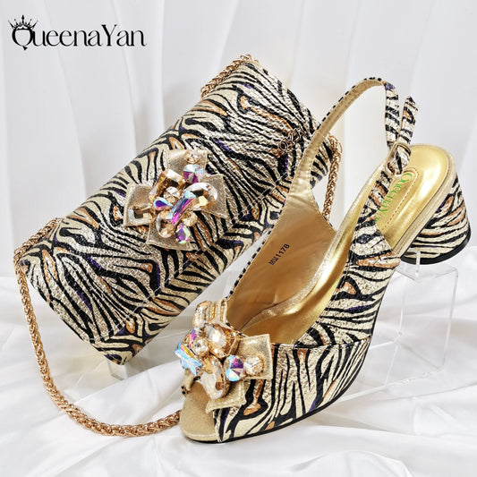 Women Elegant Gold High Heel Shoe and Matching Bag Set with Rhinestone Accents Stylish Peep Toe Design for Party