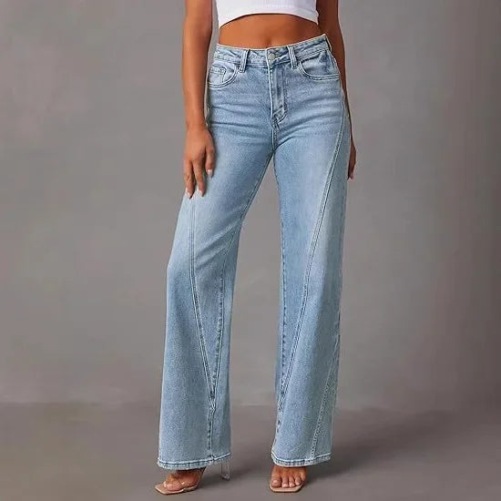 Calça Jeans Feminina Wide Leg Solta com Design de Costura
