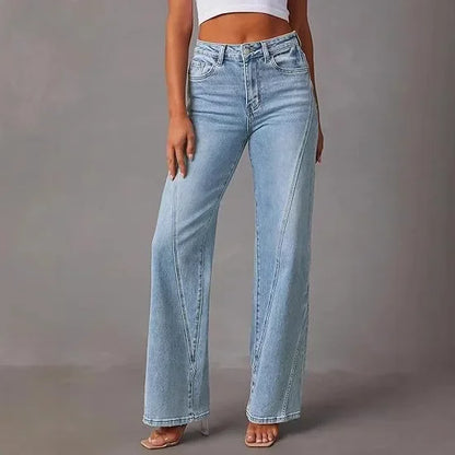 Calça Jeans Feminina Wide Leg Solta com Design de Costura