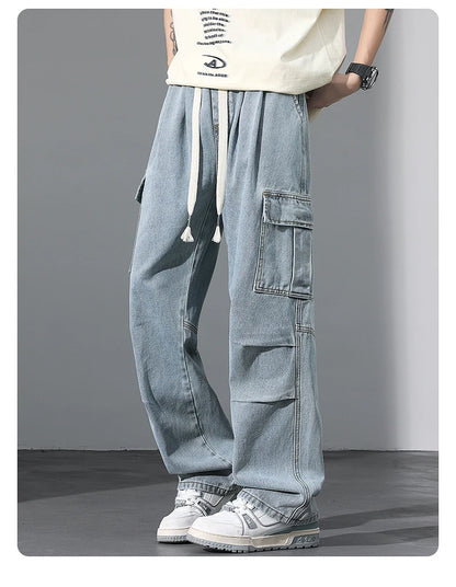 Large Pocket Baggy Solid Jeans Men's 2026 New Spring Classic Straight Denim Trousers Street Y2K Elastic Waist Casual Cargo Pants