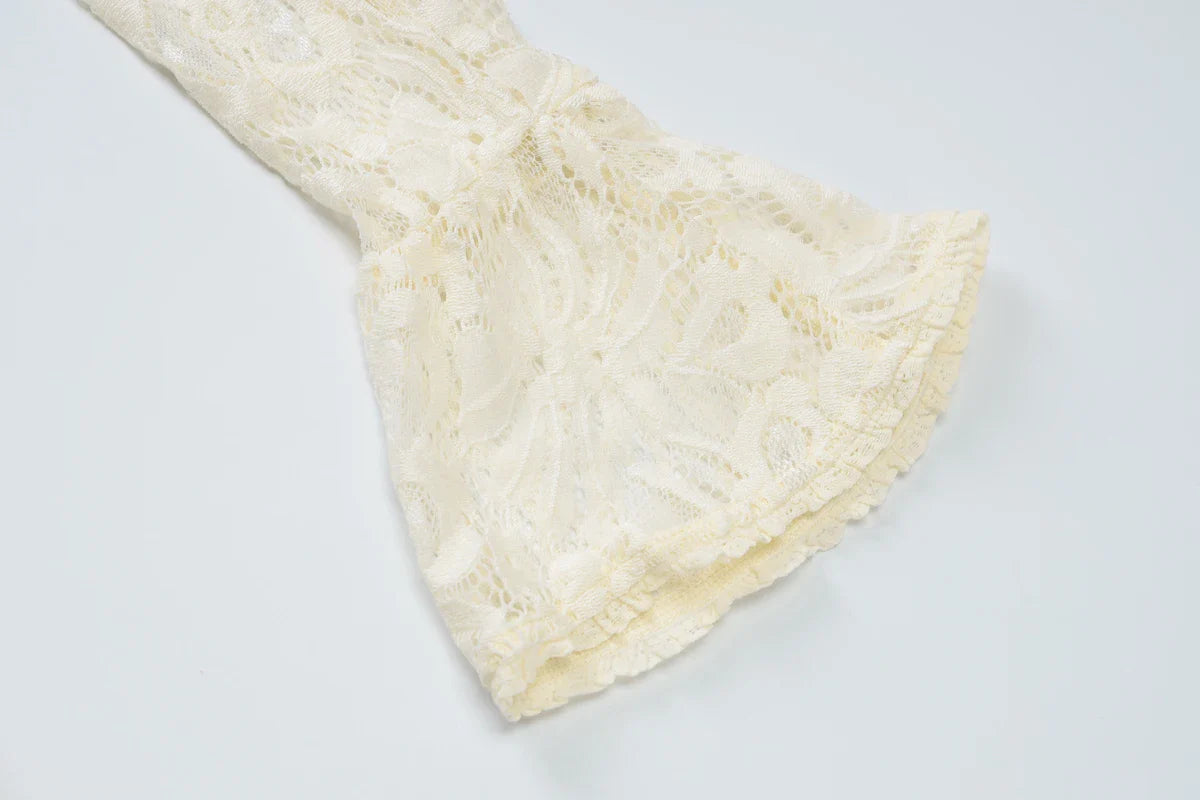 Turtleneck Long Flare Sleeve Patchwork Lace Hollow Out Button Sexy Mini Dress 2025 Spring Women Clothes Party Nightclub
