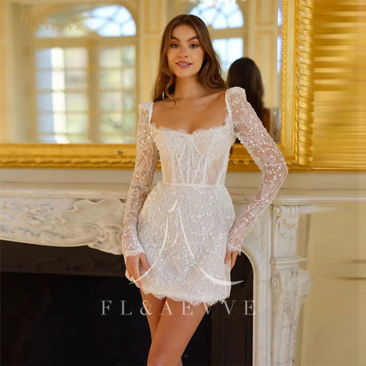 Short Beading Wedding Dress Customized Long Sleeve Evening Gown Mini Skirt Backless Formal Party Dresses