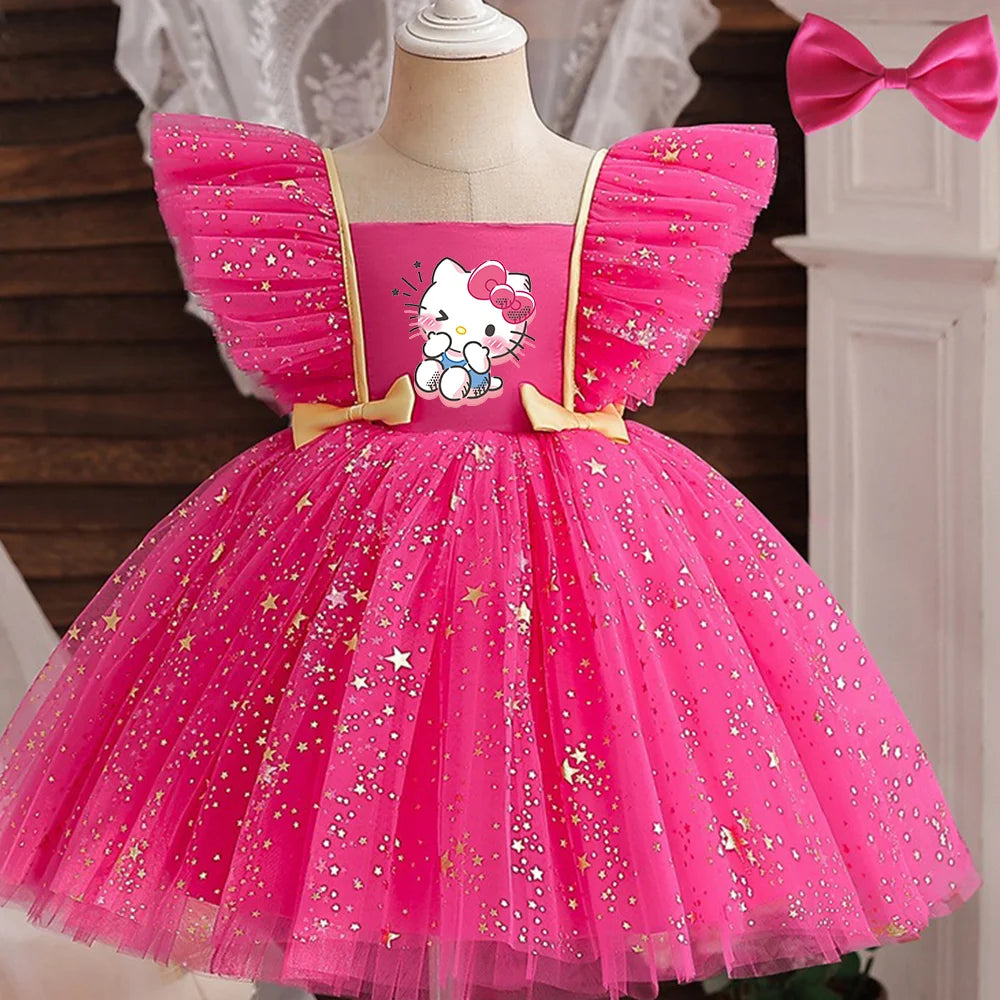 Princess Dress for Girls Sequined Star Ruffle Bow Tutu Gown Baby Formal Gala Prom Gown Kids Evening Party Costume