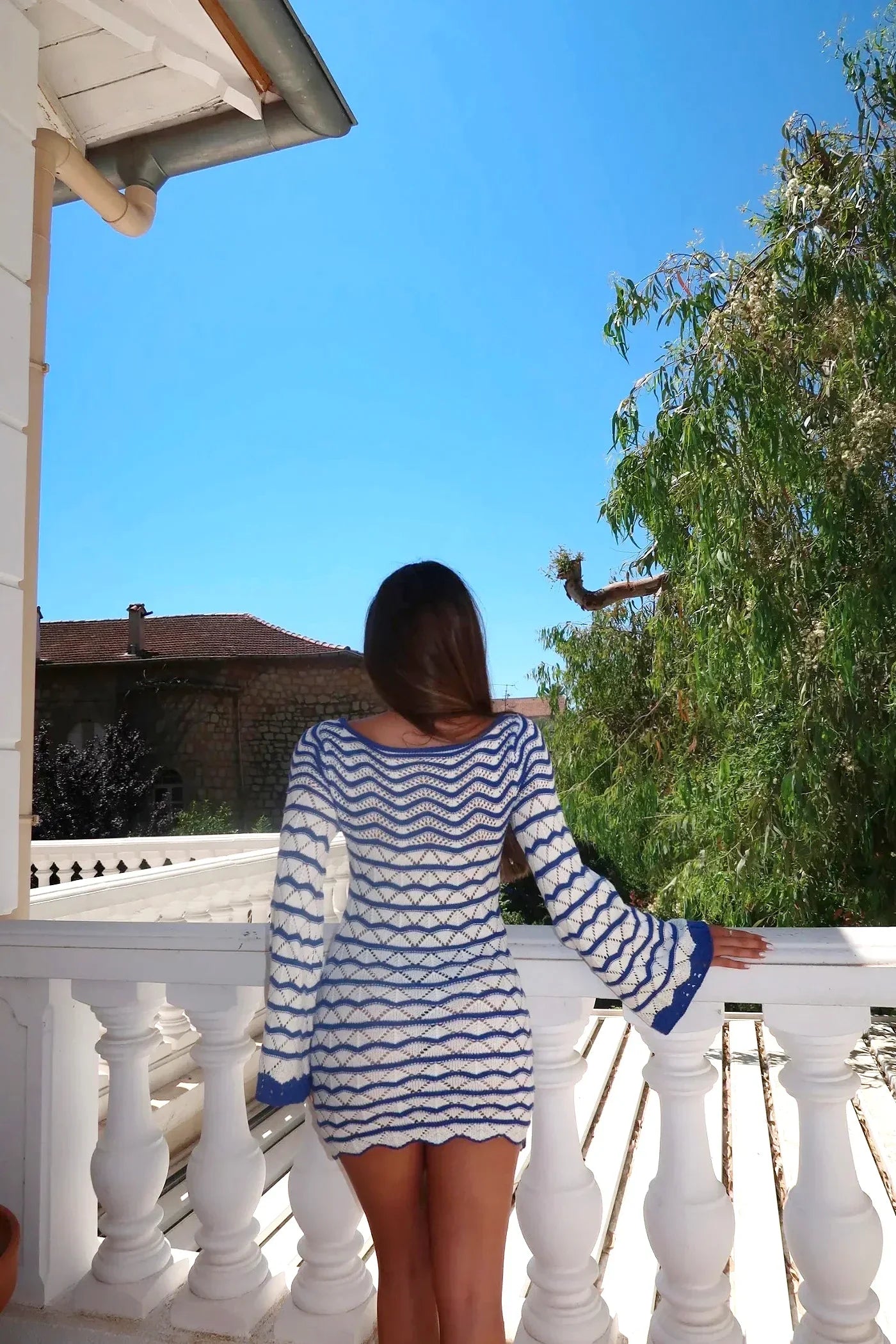 Boho Striped Chic V-neck Cut Out Bell Sleeve Knit Dress 2025 Summer Women Seaside Holiday Mini A-Line Dress K123