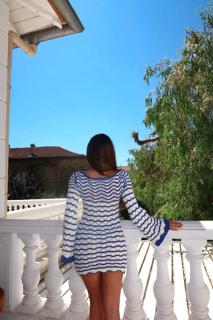 Boho Striped Chic V-neck Cut Out Bell Sleeve Knit Dress 2025 Summer Women Seaside Holiday Mini A-Line Dress K123