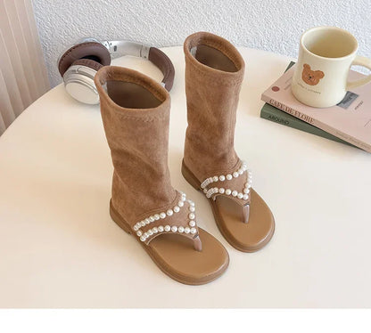 2025 Children High-top Sandals for Girls Summer New Fashion Korean Style Soft Sole Non-slip Versatile Pearl Roman Princess Shoes