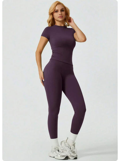 2 Piece Yoga Set Women Short Sleeve Top High Waist Leggings Gym Workout Clothing Tummy Control Fitness Sportswear Activewear Sui